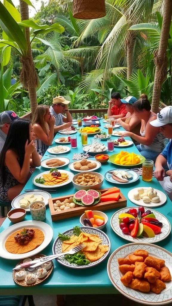 A colorful brunch spread at Xcaret Park with chilaquiles, fruits, and pastries in a tropical setting.